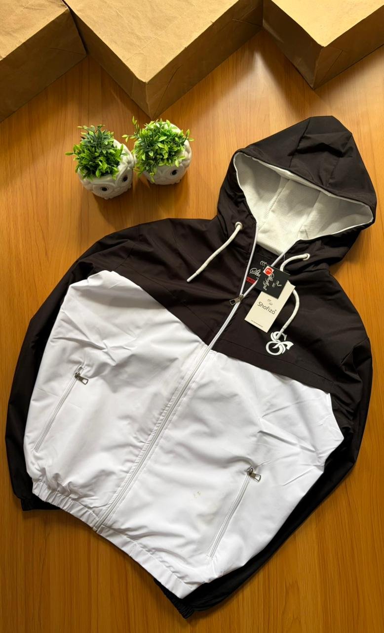 black white hooded windcheater.